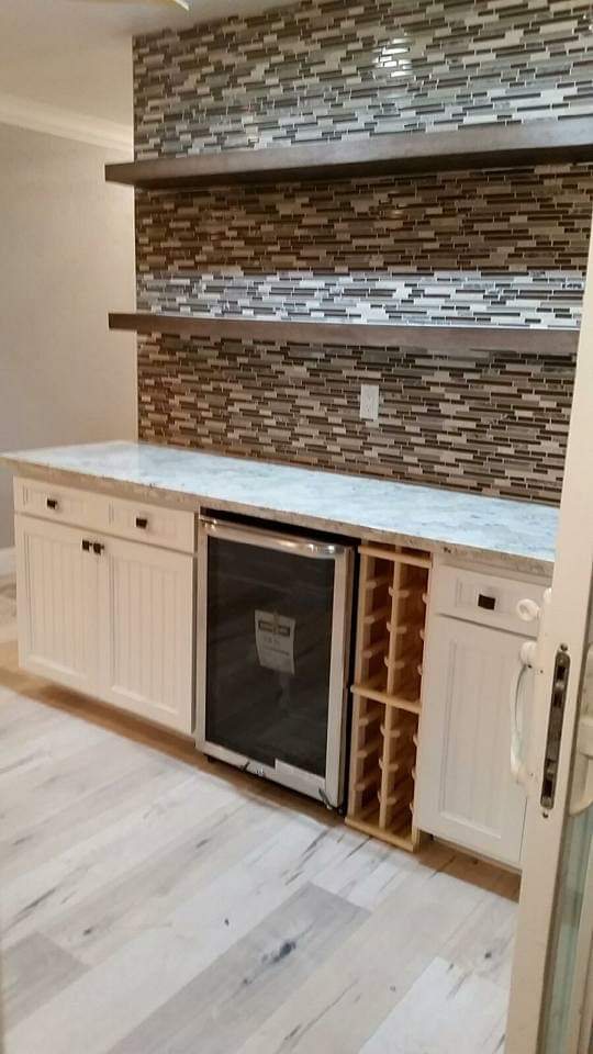 Home Bar — Mosaic Accent Wall, Wine Rack & Beverage Cooler