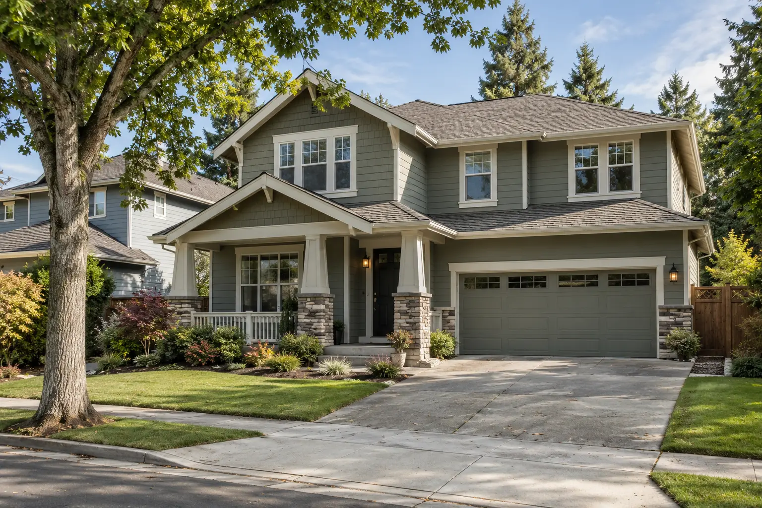 Craftsman Addition — Shake Gables & Stacked-Stone Porch Columns