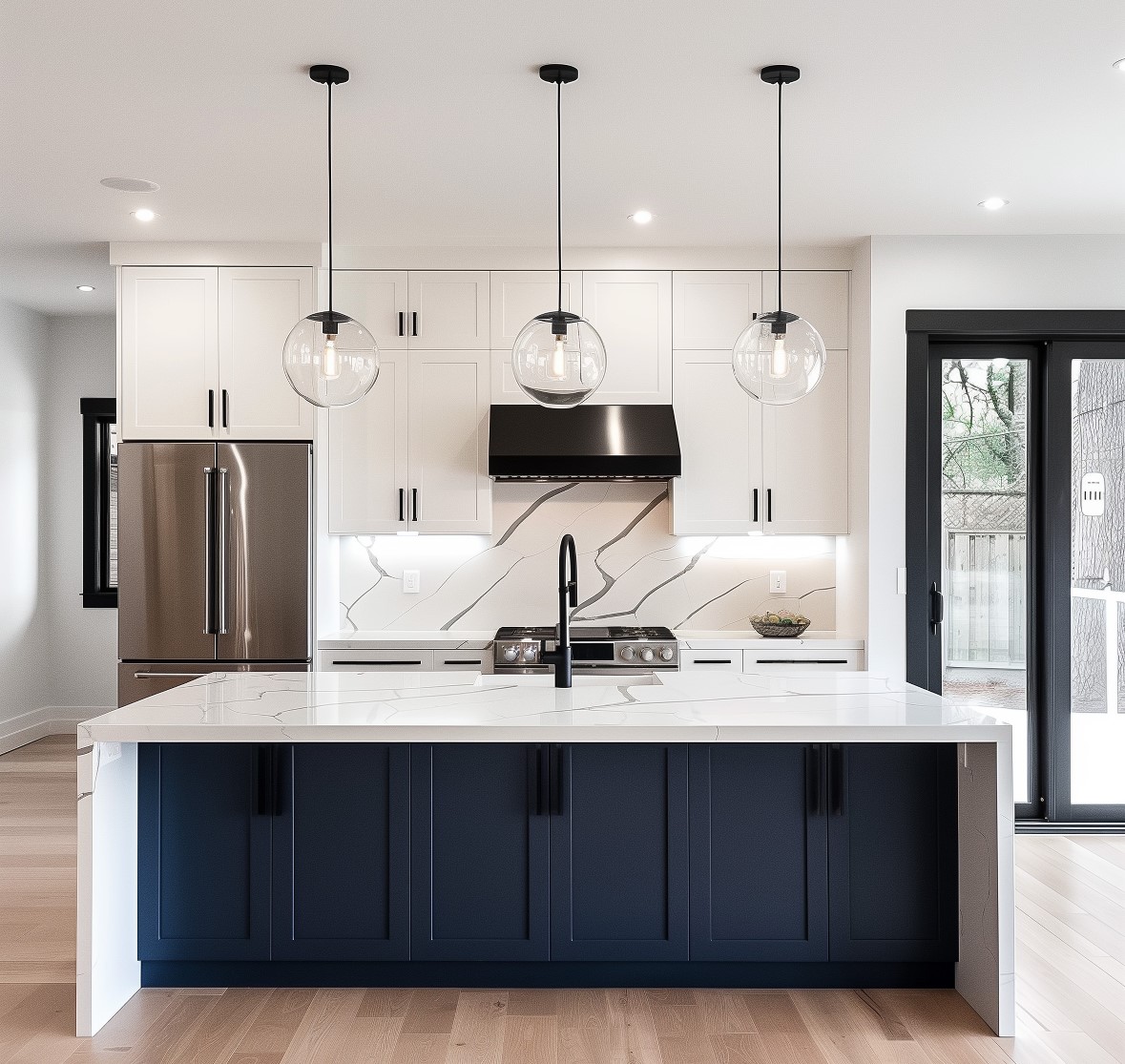 Navy Island with Waterfall Quartz Counter