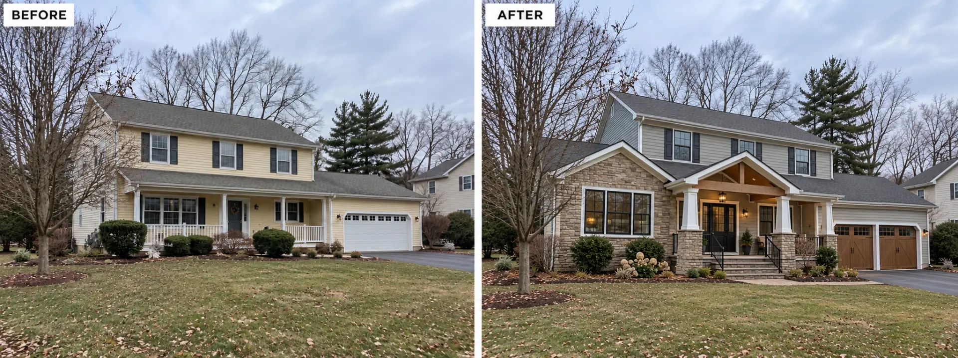 Two-story refreshed with stone, timber beams, and new garage doors